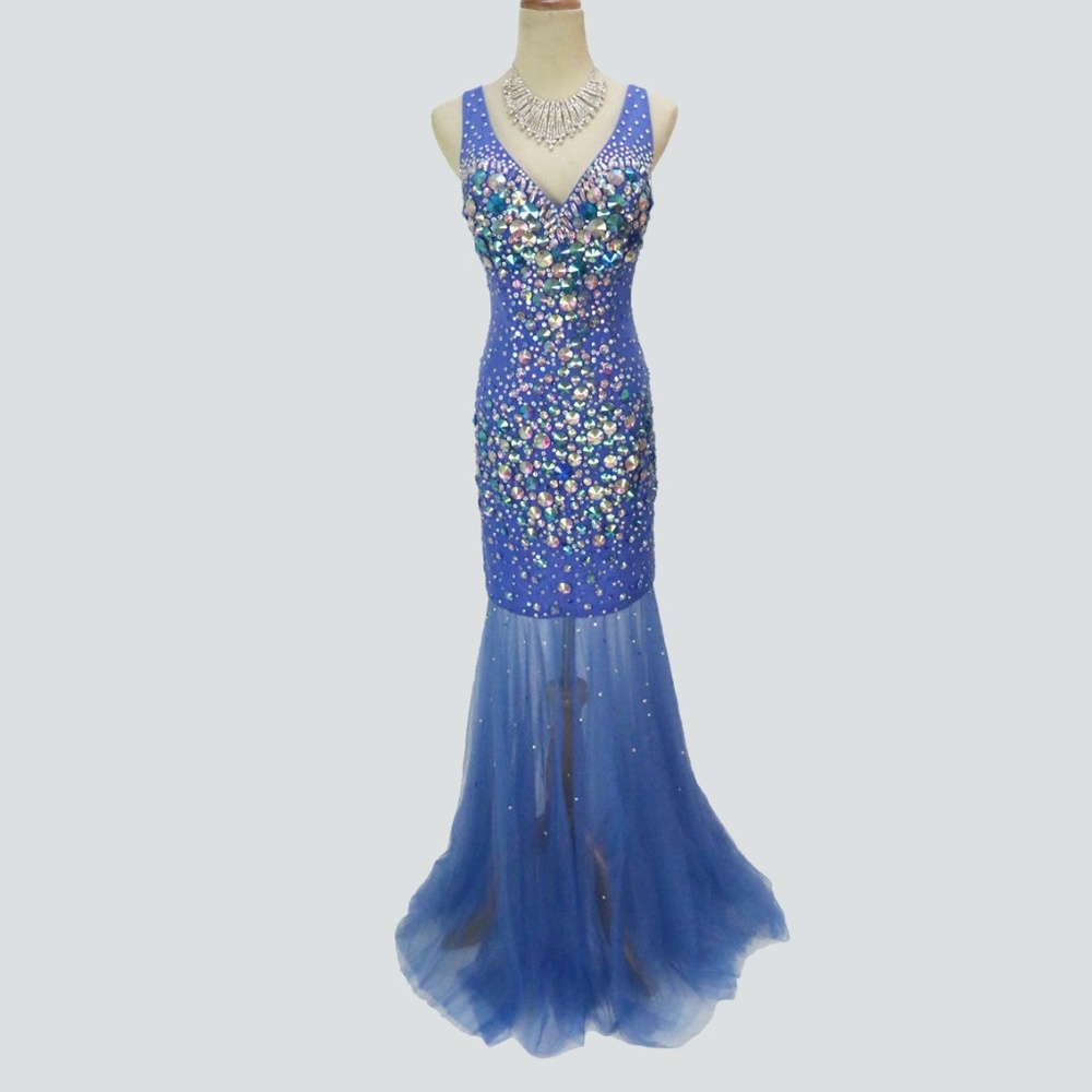 NWT Jovani Authentic Royal Beaded Halter Open-Back - Picture 1 of 8